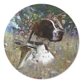 The beautiful pointer in the field  classic round sticker