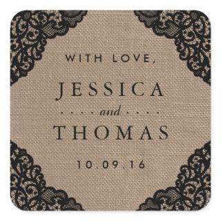 The Black Lace On Rustic Burlap Wedding Collection Square Sticker