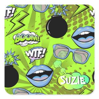 The Bomb Retro Lips Lime Green ID553 Square Sticker