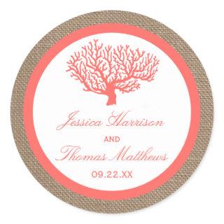 The Coral On Burlap Boho Beach Wedding Collection Classic Round Sticker