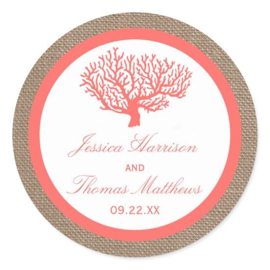 The Coral On Burlap Boho Beach Wedding Collection Classic Round Sticker