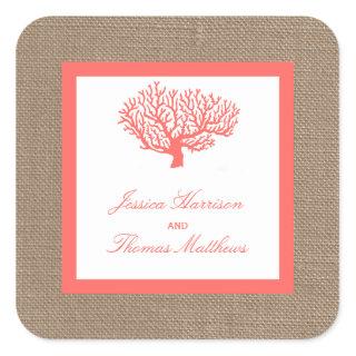 The Coral On Burlap Boho Beach Wedding Collection Square Sticker