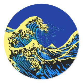 The Great Hokusai Wave in Blue Yellow Pop Style Classic Round Sticker