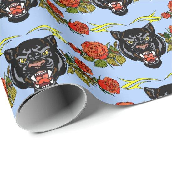 The head of a black panther and blooming roses wra