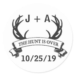 "The Hunt is Over" Antler Rustic Wedding Custom Classic Round Sticker
