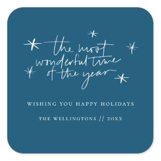 The Most Wonderful Time of the Year Blue Holiday Square Sticker