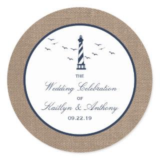 The Nautical Lighthouse Burlap Wedding Collection Classic Round Sticker