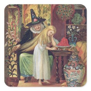 The Old Witch combing Gerda's hair with a golden c Square Sticker