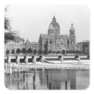 The river Isar at Munich, c.1910 Square Sticker