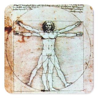 THE VITRUVIAN MAN , Antique Brown Parchment Square Sticker