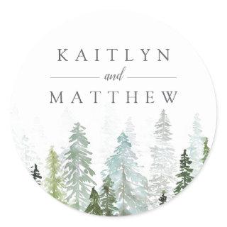 The Watercolor Pine Tree Forest Wedding Collection Classic Round Sticker