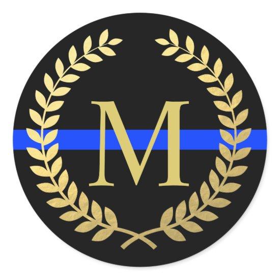 Thin Blue Line Monogram Faux Gold Wreath Police Classic Round Sticker