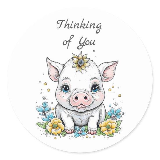 Thinking of You! Cute Pig with Flower on her Head Classic Round Sticker