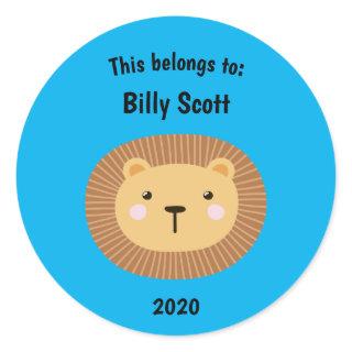 This Belongs to Back to School Lion Face Blue Classic Round Sticker