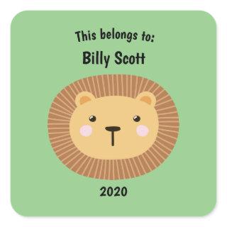 This Belongs to Back to School Lion Face Green Square Sticker