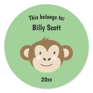 This Belongs to Back to School Monkey Face Green Classic Round Sticker