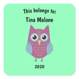 This Belongs to Back to School Purple Owl Green Square Sticker