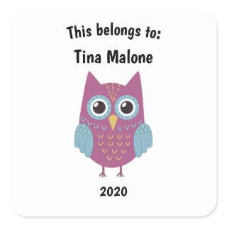 This Belongs to Back to School Purple Owl White Square Sticker