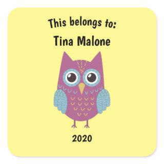 This Belongs to Back to School Purple Owl Yellow Square Sticker