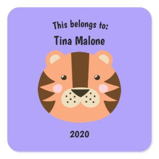 This Belongs to Back to School Tiger Face Purple Square Sticker