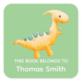 "This Book Belongs" Boys Yellow Dinosaur and Name Square Sticker