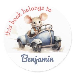 This Book Belongs To - Cute Mouse in a Car Kids  Classic Round Sticker