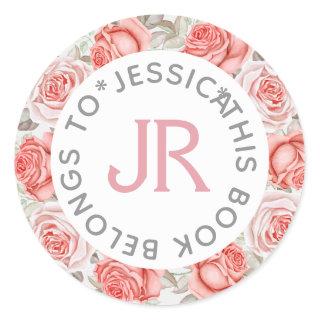 This Book Belongs To Pink Roses Wreath Classic Round Sticker