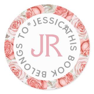 This Book Belongs To Pink Roses Wreath Classic Round Sticker
