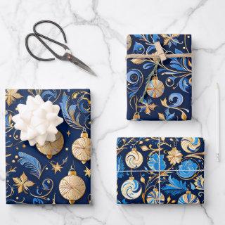 Three Blue and Gold Ornamental Designs Christmas  Sheets