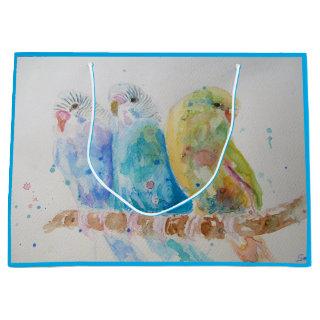 Three Budgies Sitting Watercolour blue Gift Bag