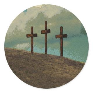 Three Crosses on a hill Classic Round Sticker