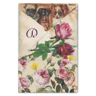 THREE DOGGIES WITH ROSES  MONOGRAM  TISSUE PAPER