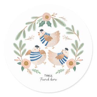 Three French Hens 12 Days of Christmas Folk Classic Round Sticker