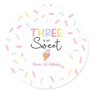 Three Is So Sweet Ice Cream 3rd Birthday Party Classic Round Sticker