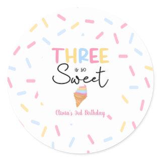 Three Is So Sweet Ice Cream 3rd Birthday Party Classic Round Sticker