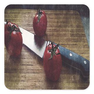 Three red tomatoes on a chopping board   square sticker
