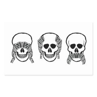 Three wise skulls, see, hear, speak no evil rectangular sticker