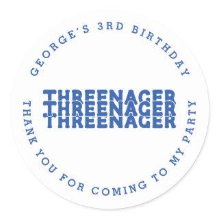 Threenager Name 3rd Birthday Blue Thank You Classic Round Sticker
