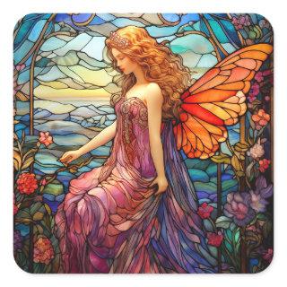 Tiffany Style Stained Glass Magical Fairy Square Sticker