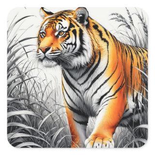 Tiger Art Color Partial Black White Drawing Square Sticker