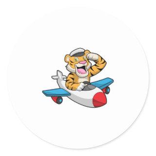 Tiger as Pilot in Plane Classic Round Sticker