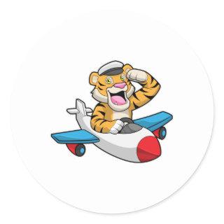 Tiger as Pilot in Plane Classic Round Sticker