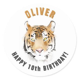 Tiger Head Watercolor Name Birthday  Classic Round Sticker