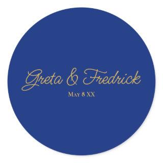 Timeless Simple Minimalist Royal Blue Gold Script Classic Round Sticker