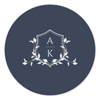 Timeless Vines Monogram Crest Navy Classic Round Sticker