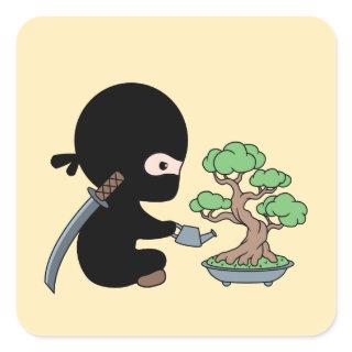 Tiny Ninja Watering Bonsai Tree on Yellow Square Sticker