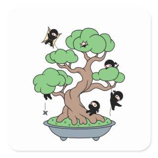 Tiny Ninjas in Bonsai Tree Square Sticker