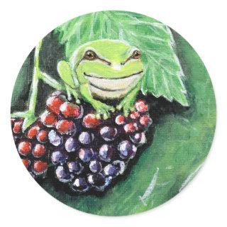 Tiny Tree Frog on a Blackberry Painting Classic Round Sticker