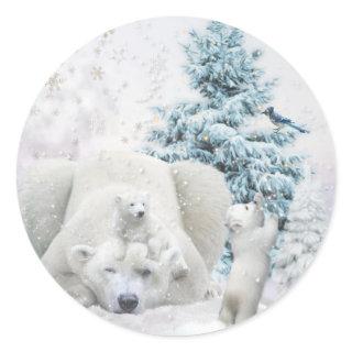 Tired Polar Bear Mother With Babies Classic Round Sticker