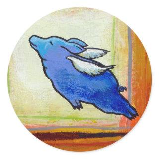 Titled:  Little Blue Pig - flying hope faith ART Classic Round Sticker